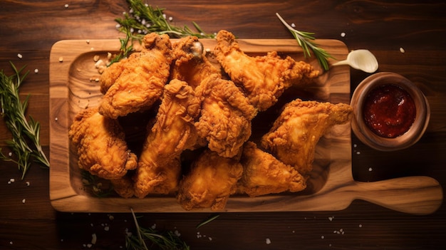 Deliciosas rebanadas de pollo frito en una bandeja de madera