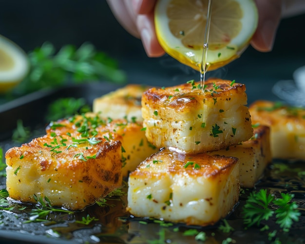 Foto deliciosas rebanadas de queso halloumi a la parrilla de color marrón dorado con hierbas frescas y jugo de limón en la oscuridad