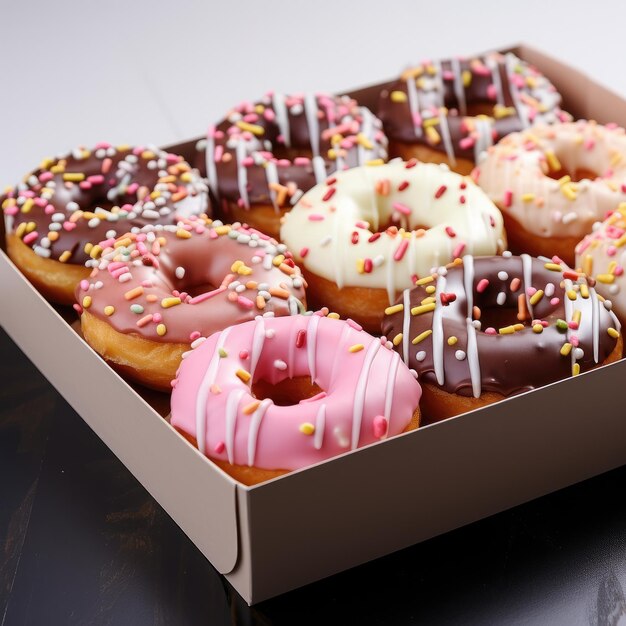 Deliciosas rosquillas coloridas en una caja IA generativa