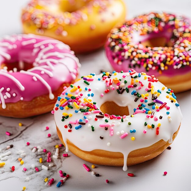 Deliciosas rosquillas dulces con salpicaduras de colores brillantes de color blanco borroso de fondo generado por la IA