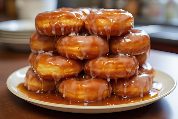 Deliciosas rosquillas con esmaltado de caramelo en un plato en un café una docena de rosquillas esmaltadas calientes de la freidora generadas por la IA