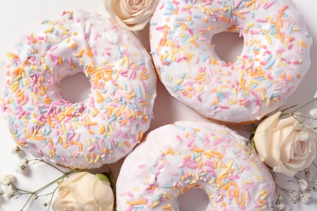 Deliciosas rosquillas y hermosas flores de cerca