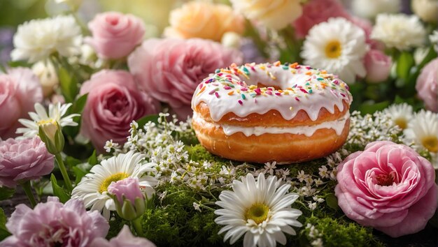 Foto deliciosas rosquillas con salpicaduras sobre un fondo floral claro