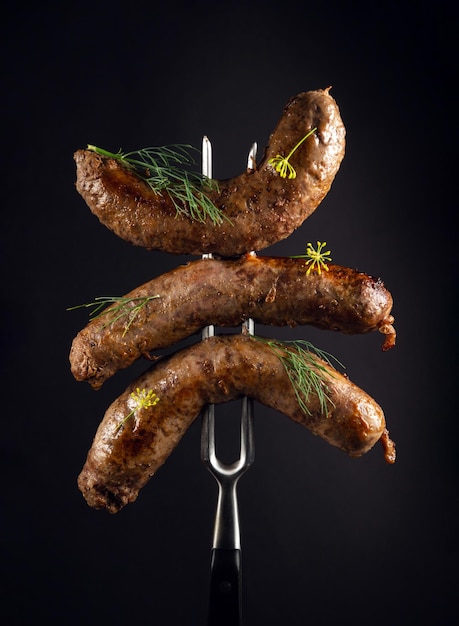 Deliciosas salchichas de carne caseras fritas en un tenedor La idea de un delicioso almuerzo para un hotel