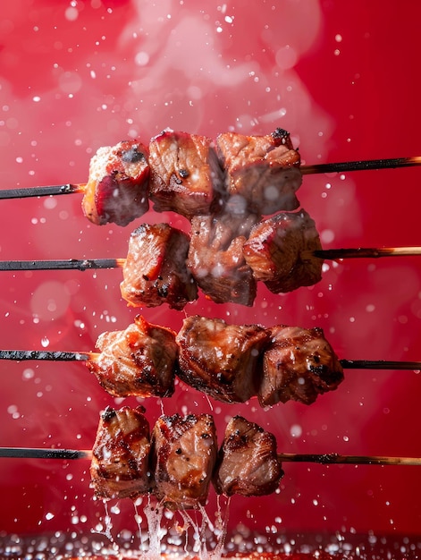 Foto deliciosas salchichas de carne a la parrilla con humo sobre un fondo rojo vibrante