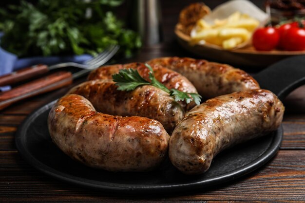 Deliciosas salchichas frescas a la parrilla sobre mesa de madera