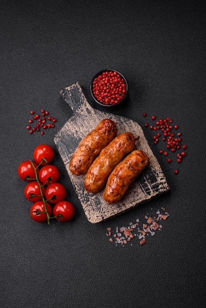 Deliciosas salchichas jugosas a la parrilla con especias saladas y hierbas sobre un fondo de hormigón oscuro