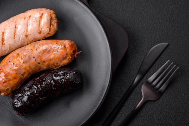 Deliciosas salchichas jugosas de varias variedades a la parrilla con especias saladas y hierbas sobre un fondo de hormigón oscuro