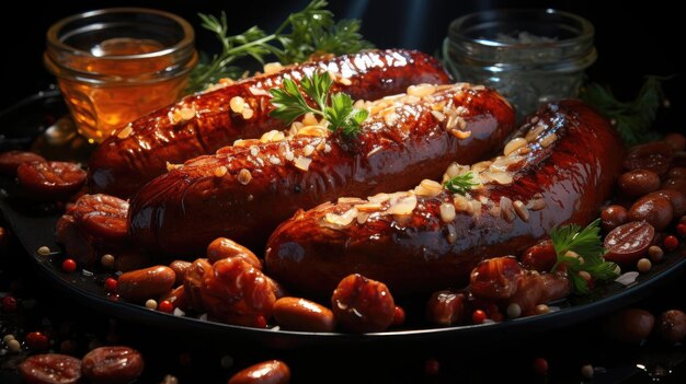 Foto deliciosas salchichas a la parrilla en la mesa con fondo borroso