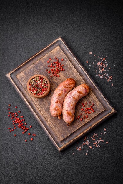 Deliciosas salchichas de pollo o cerdo a la parrilla con sal y especias