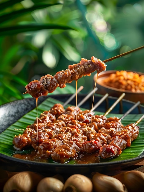 Foto deliciosas salsichas de frango assadas com sementes de gergelim num prato verde com molho de nozes