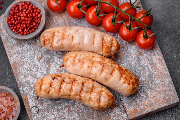 Deliciosas salsichas grelhadas de frango ou carne de porco com especiarias e ervas salgadas