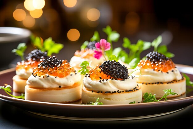 Deliciosas tartinhas com caviar preto e vermelho em prato luxuoso contra o fundo de férias