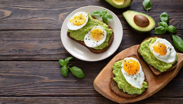 Deliciosas tostadas de aguacate con pan de centeno, puré de aguachate y huevos fritos, comida vegana saludable, comida plana.