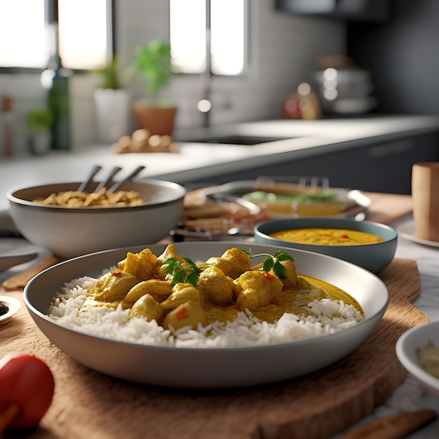 Delicioso arroz e curry para almoço e jantar para familiares