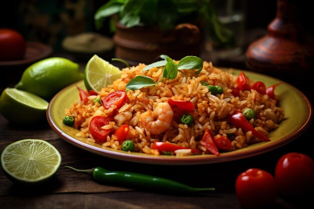 Foto delicioso arroz frito de camarón en un plato