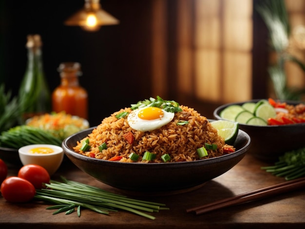 Foto delicioso arroz frito de nasi goreng indonésio com arroz goldenhued fatias aromáticas de alho-salada