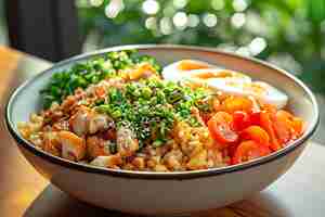 Foto delicioso arroz frito con tomates de pollo y huevos