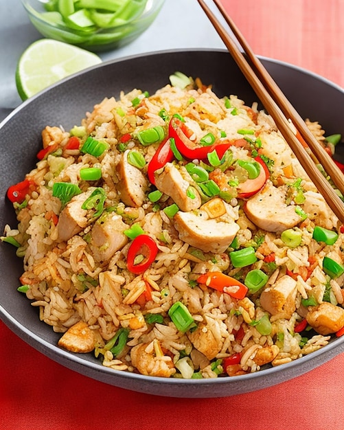 Foto delicioso arroz frito con verduras picantes y calientes