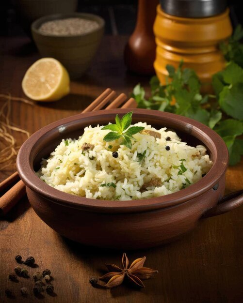 Foto delicioso arroz prato de comida brasileira com fundo de estúdio escuro