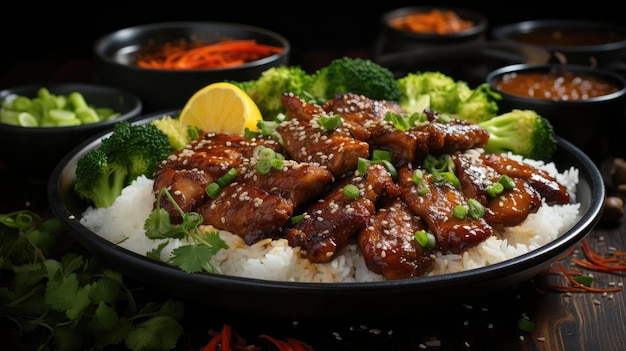 Foto delicioso arroz teriyaki en un plato con fondo borroso