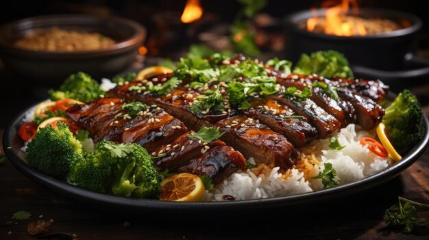 Foto delicioso arroz teriyaki en un plato con fondo borroso