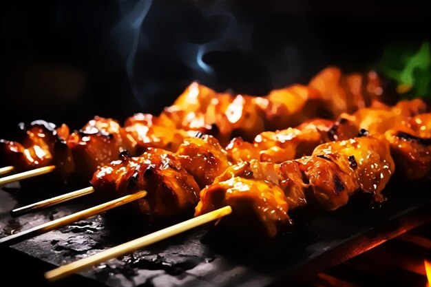 Delicioso asado de pollo dorado crujiente ensartado de arriba a abajo