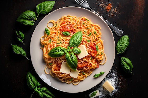 Delicioso y atractivo plato de espaguetis, un plato tradicional italiano de fideos con salsa de tomate, parmesano y albahaca, vista superior horizontal Lay flat Espacio de copia