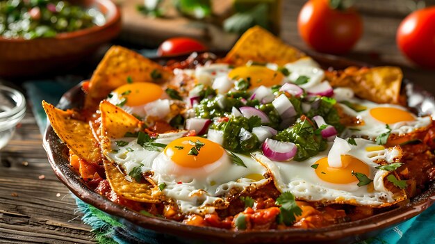 Foto un delicioso y auténtico desayuno mexicano de chilaquiles con huevos salsa y cilantro fresco