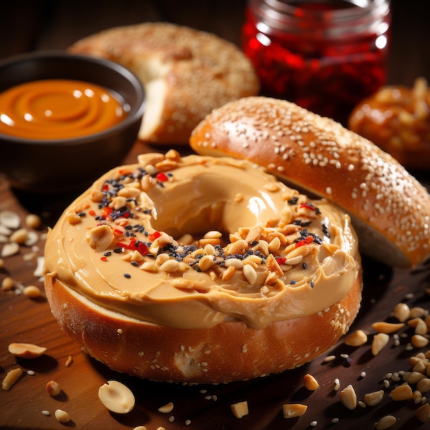 Delicioso bagel com manteiga de amendoim nozes e geléia na mesa de madeira