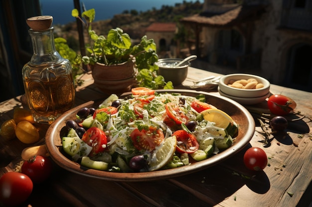 Delicioso banquete mediterrâneo Salada grega e musaka à beira-mar