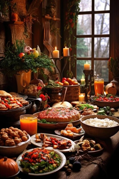 Delicioso banquete navideño con platos tradicionales en la mesa creados con IA generativa