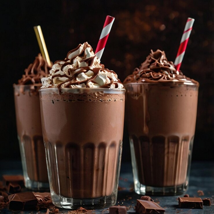 Delicioso batido de chocolate de cereza bosque negro en un fondo borroso
