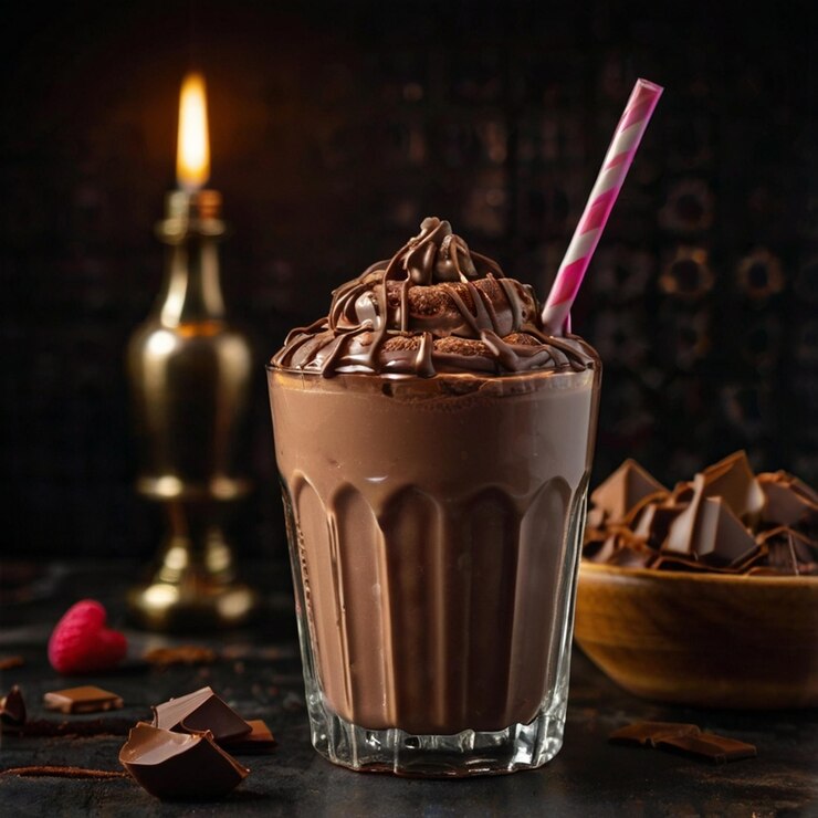 Delicioso batido de chocolate de cereza bosque negro en un fondo borroso