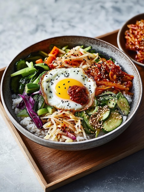 Delicioso Bibimbap Bowl Un vibrante plato de arroz coreano con huevo frito