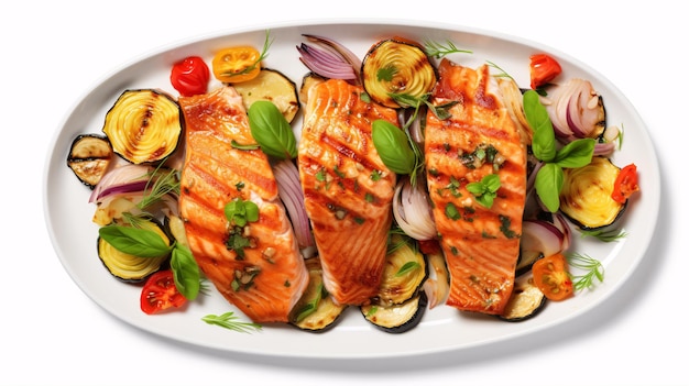 Delicioso bife de salmão assado e vegetais em cima de um fundo branco visto de cima