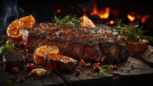 Foto delicioso bife grelhado com molho de churrasco derretido em cima da mesa