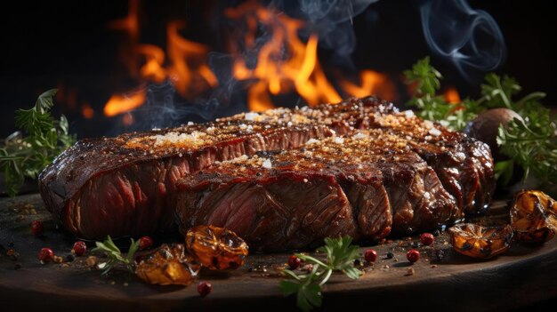 Delicioso bife grelhado com molho de churrasco derretido em cima da mesa