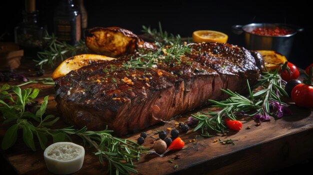 Delicioso bife grelhado com molho de churrasco derretido em cima da mesa