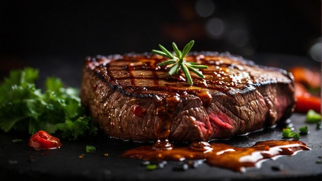 Delicioso bife grelhado com molho de churrasco derretido em fundo desfocado conceito de comida e culinária