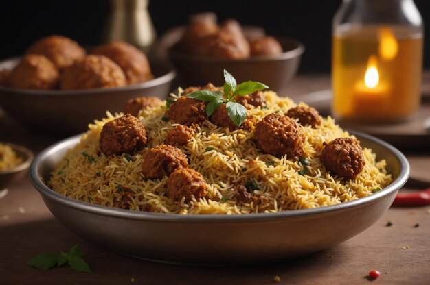 El delicioso biryani se extiende de cerca.