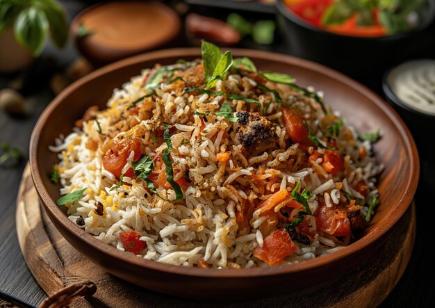 Delicioso biryani indio, un plato tradicional sabroso y aromático en un plato de madera de roble