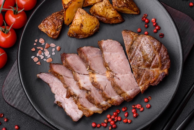 Delicioso bistec jugoso de cerdo o ternera a la parrilla con sal, especias y hierbas