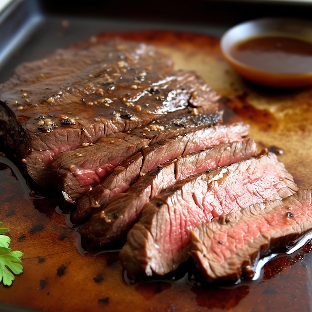 delicioso bistec marinado empapado en una sabrosa mezcla de salsa de soya aceite de oliva suave