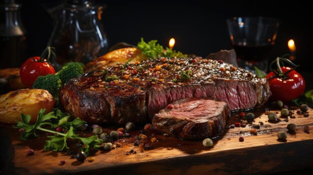 Delicioso bistec a la parrilla con salsa barbacoa derretida sobre la mesa