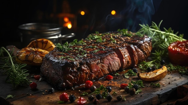 Delicioso bistec a la parrilla con salsa barbacoa derretida sobre la mesa