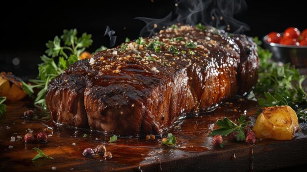 Delicioso bistec a la parrilla con salsa barbacoa derretida sobre la mesa