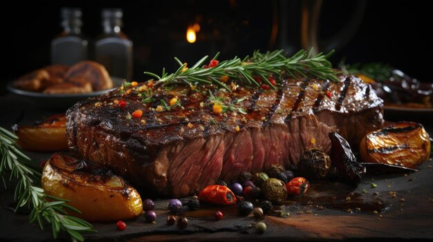 Delicioso bistec a la parrilla con salsa barbacoa derretida sobre la mesa