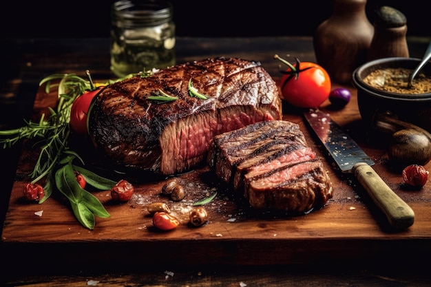 Delicioso bistec a la parrilla en una tabla de madera Steak de res jugoso servido con tomates y verduras en un fondo de madera negra Creado con Generative Ai