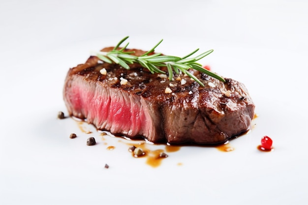 Delicioso bistec a la parrilla de ternera en un fondo blanco claro con fuego y humo comida fotografía estilo de comida